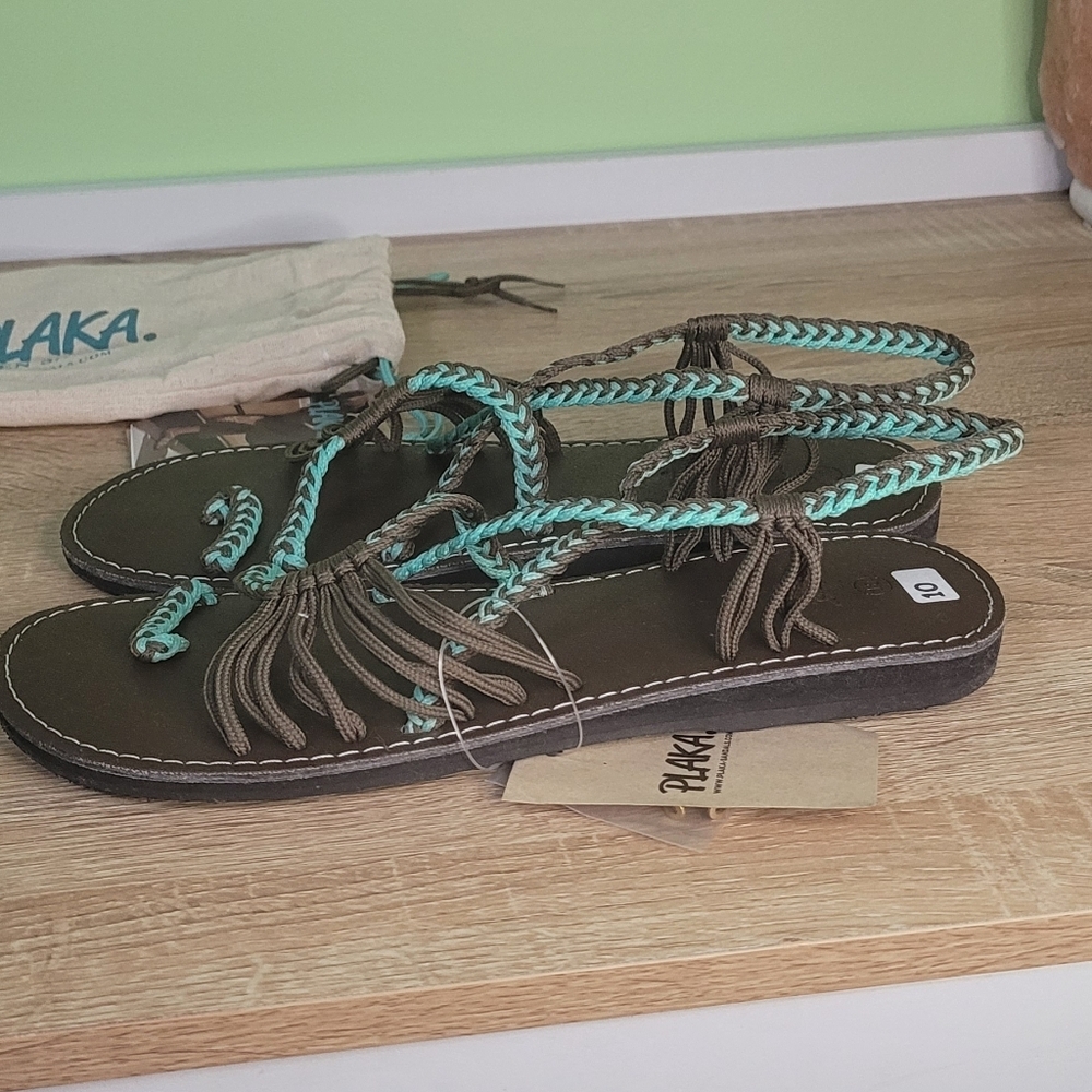 Plaka Woven Sandals Handmade Beach Summer Brown Turquoise NWT 10 - Picture 7 of 8